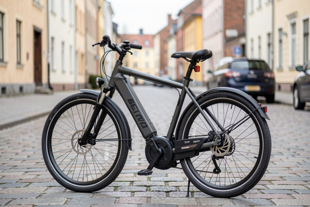 Converted commuter e-bike with a Bafang-class mid-drive motor parked on a Swedish street