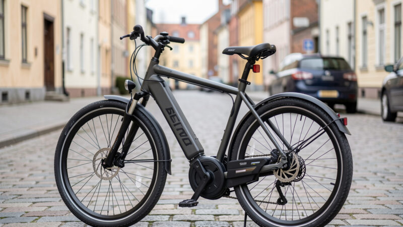 Converted commuter e-bike with a Bafang-class mid-drive motor parked on a Swedish street