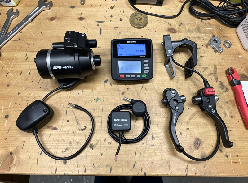 Bafang-class mid-drive conversion kit laid out on a workbench with motor unit, display, brake levers and pedal-assist sensor