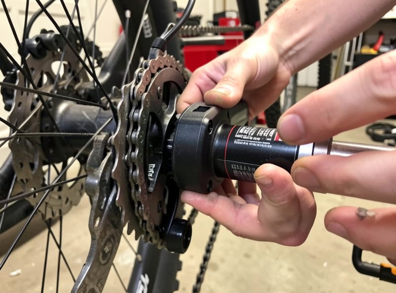 Mid-drive motor fitted to a bottom bracket shell during installation with cranks and chainline being checked