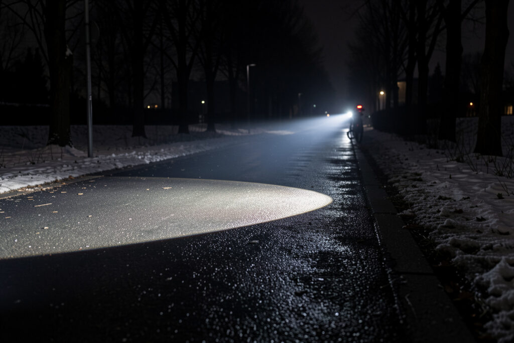 E-bike headlight throwing a shaped cutoff beam onto a dark wet winter cycleway
