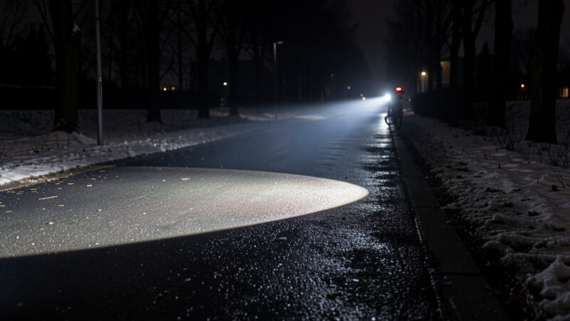 E-bike headlight throwing a shaped cutoff beam onto a dark wet winter cycleway