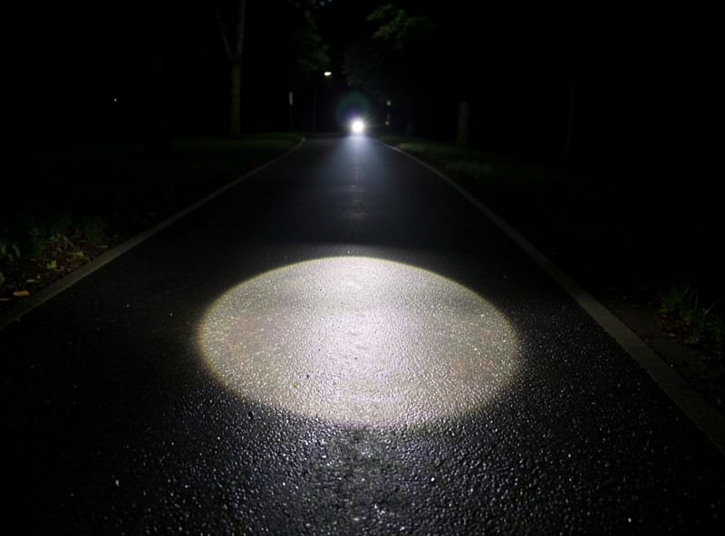An e-bike headlight throwing a shaped cutoff beam onto a dark wet cycleway, the beam edge crisp on the tarmac