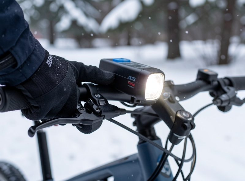 Close-up of an e-bike display and handlebar switch turning on an integrated headlight powered by the main battery