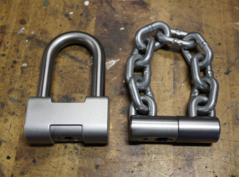 Close-up of a hardened steel U-lock shackle next to a thick chain lock on a workbench, showing the difference in link diameter