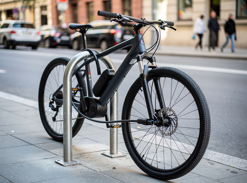 E-bike with a U-lock through the frame and rear wheel and a thin cable looping the front wheel back to it
