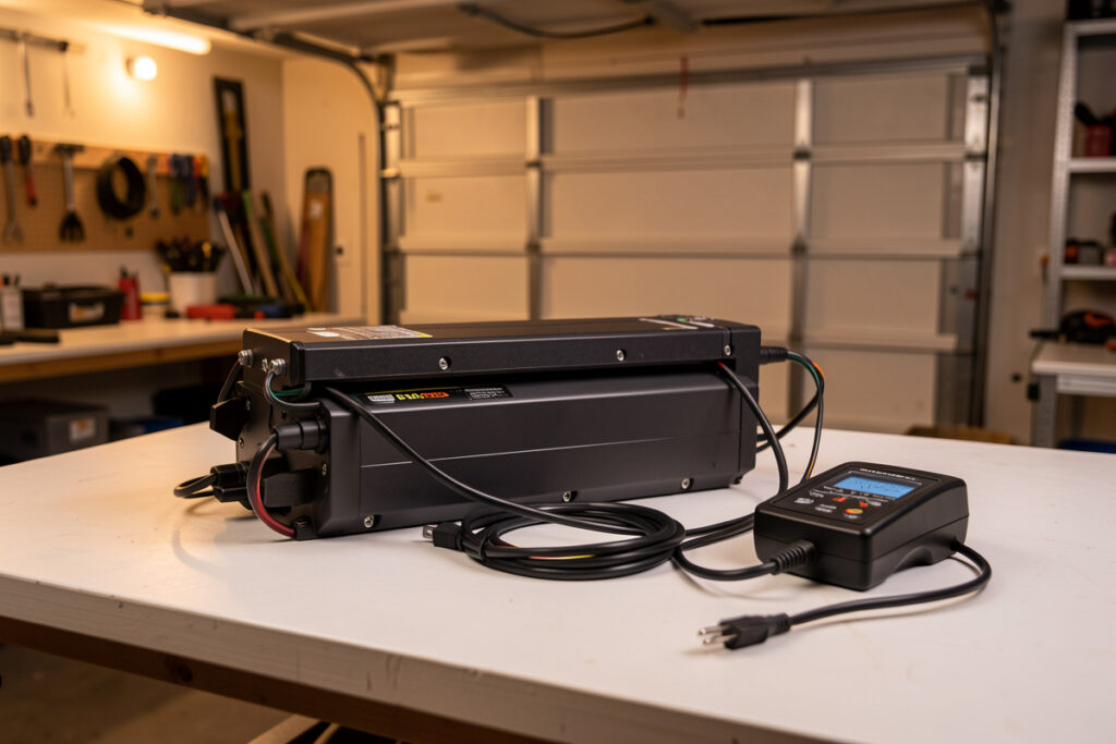 Complete down-tube e-bike battery pack and charger on a workbench with a watt-meter