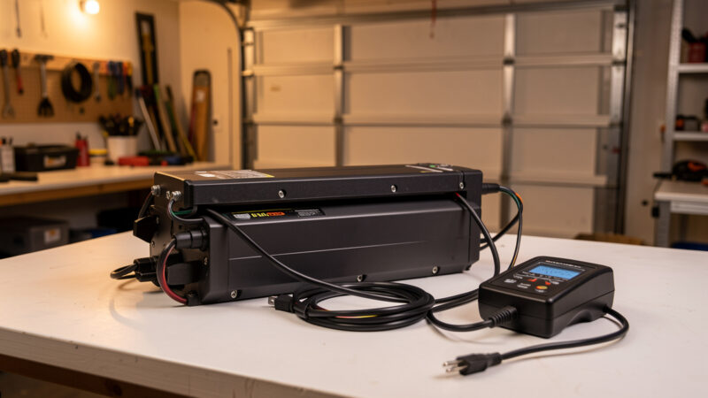 Complete down-tube e-bike battery pack and charger on a workbench with a watt-meter
