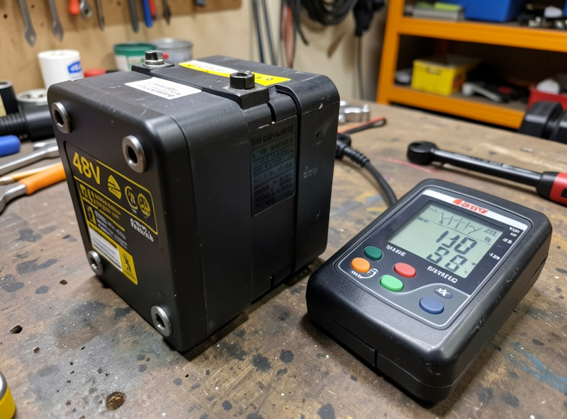 A complete e-bike down-tube battery pack next to a watt-meter on a workbench during a charge test