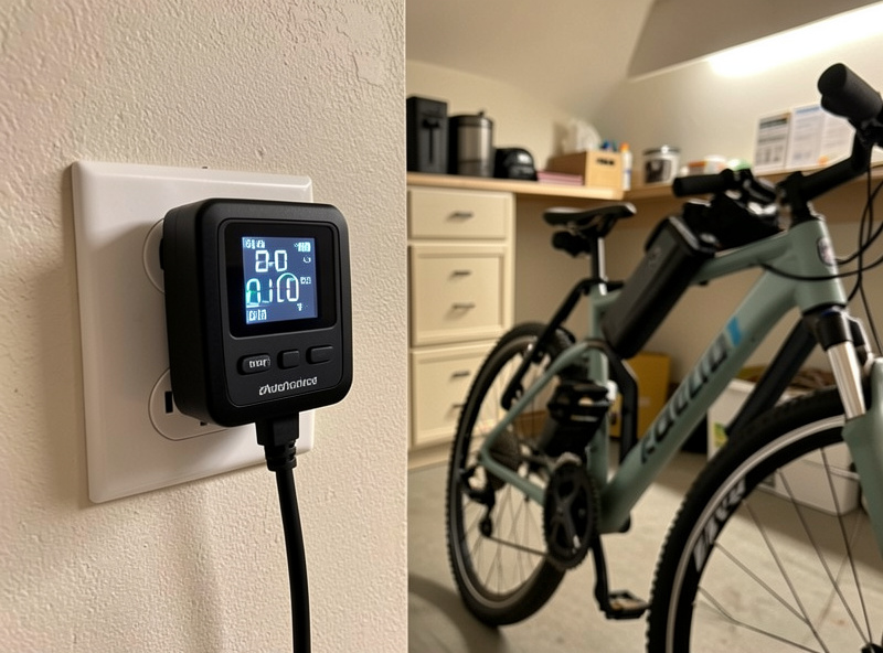 A watt-meter plugged in at the wall logging energy as an e-bike battery pack charges in a garage