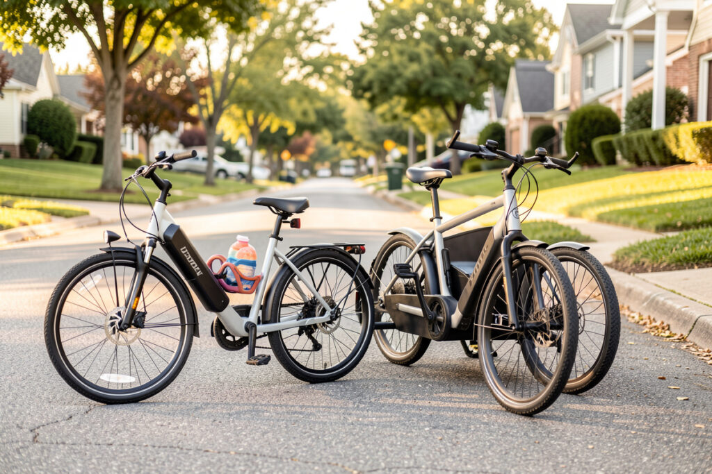 A child trailer beside a longtail cargo e-bike