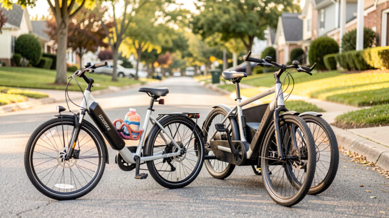 A child trailer beside a longtail cargo e-bike