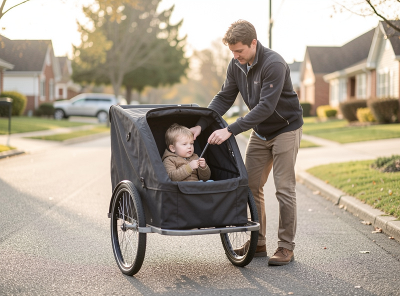 Parent loading a child into a bike trailer on a residential street in morning light