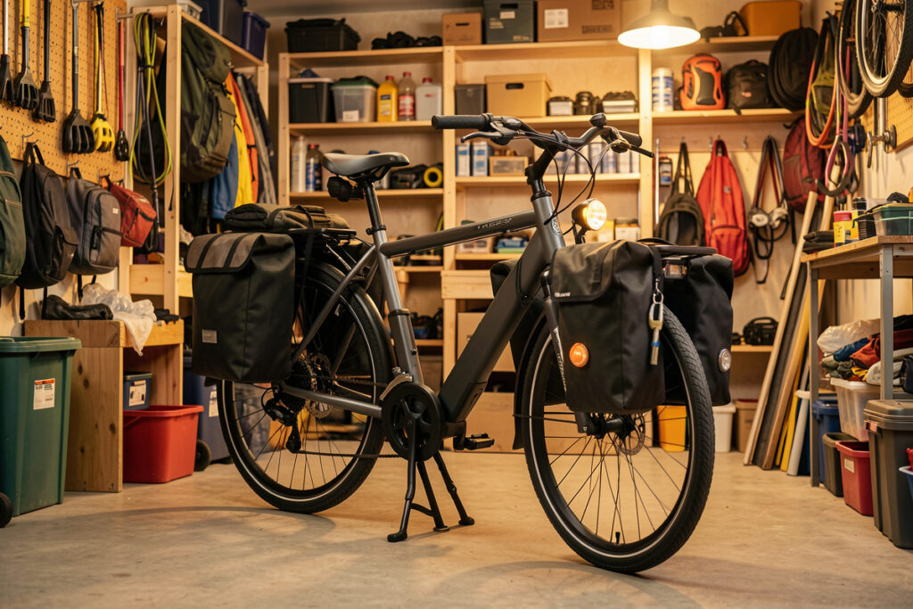 A cargo e-bike kitted with accessories