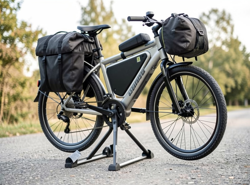 A double-leg centre kickstand holding a loaded cargo e-bike level and stable