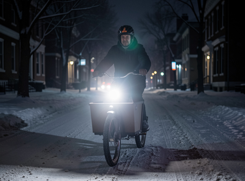 Front and rear lights mounted on a cargo e-bike riding through a dark winter street