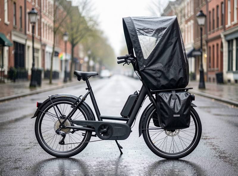 A cargo e-bike fitted with fenders, panniers and a rain canopy parked in wet weather