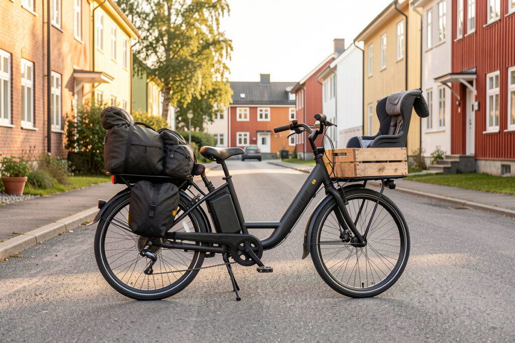 Loaded longtail cargo electric bike on a Swedish street