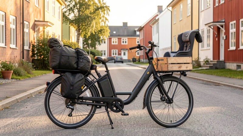 Loaded longtail cargo electric bike on a Swedish street