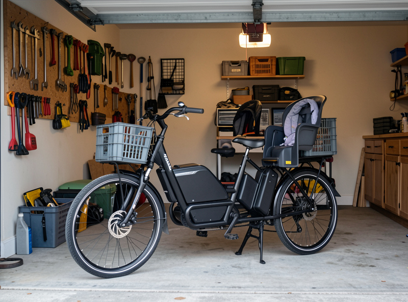 Longtail cargo e-bike loaded with crates and a child seat parked in a Swedish garage