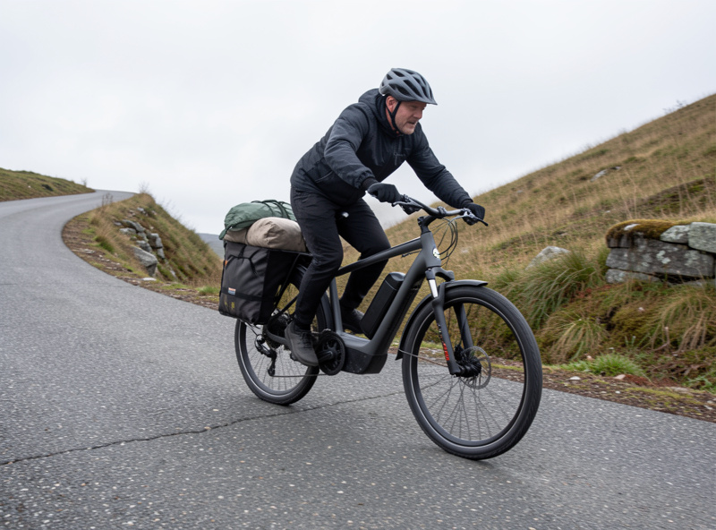 Rider climbing a steep grade on a loaded mid-drive cargo e-bike with measured weight in the rear deck