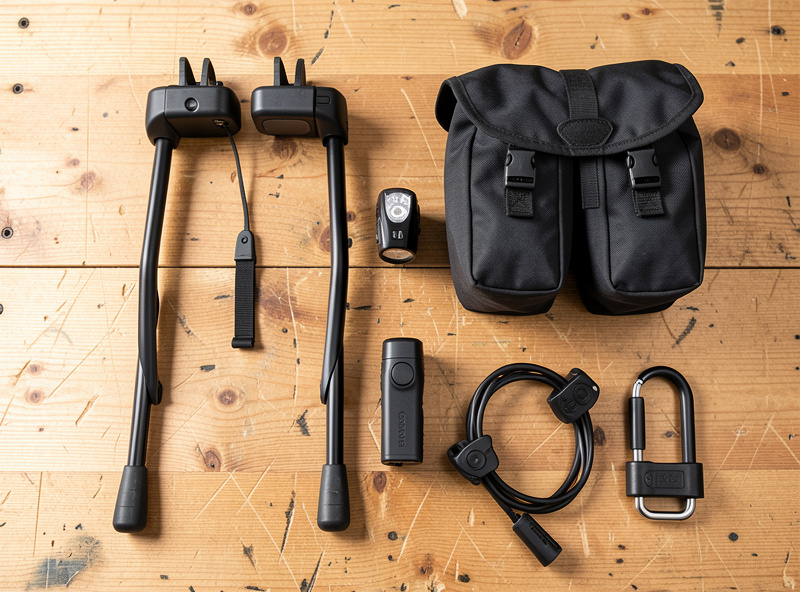 Cargo e-bike accessories laid out on a workbench including a double kickstand, panniers, and lights