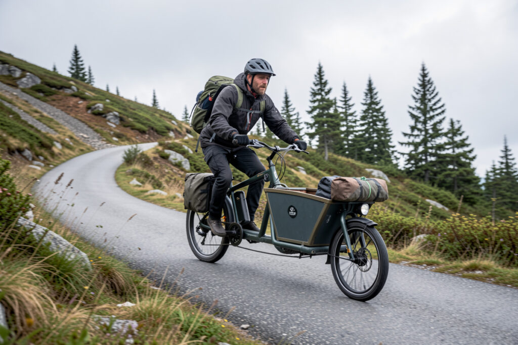 A loaded cargo e-bike climbing a steep hill