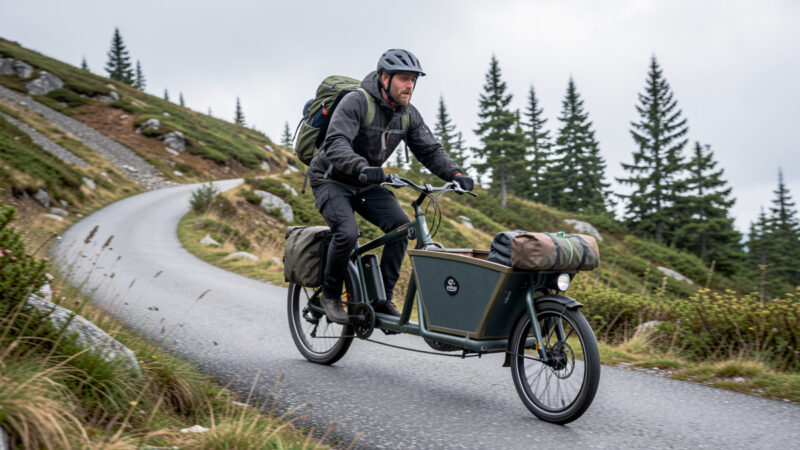 A loaded cargo e-bike climbing a steep hill