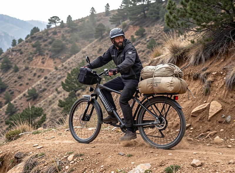A loaded cargo e-bike climbing a steep paved hill with measured sandbag weight on the rear deck