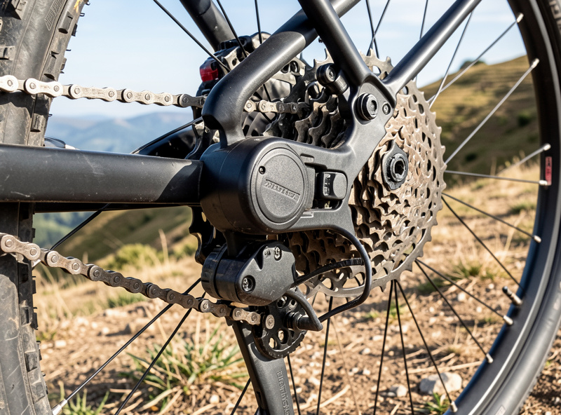Close-up of a mid-drive motor and rear cassette on a loaded cargo e-bike on a hill