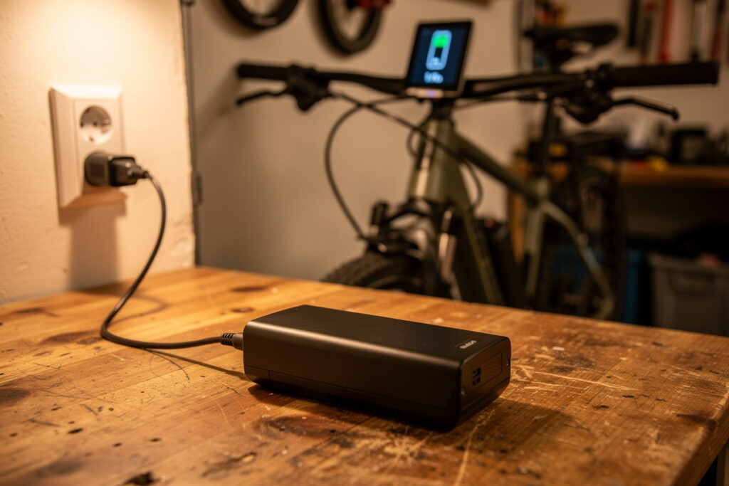 E-bike battery charging on a workbench with the display showing charge percentage
