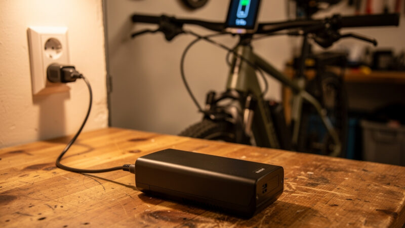E-bike battery charging on a workbench with the display showing charge percentage