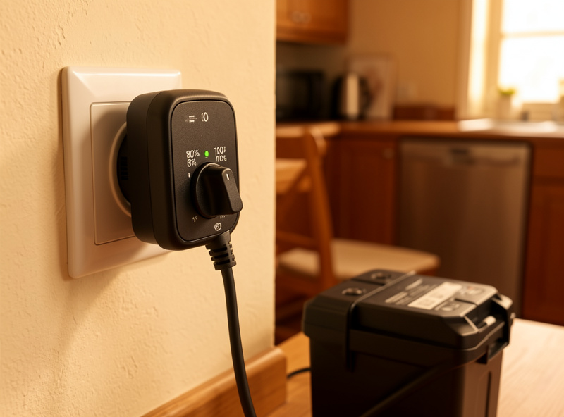 Smart e-bike charger with an 80 and 100 percent selector switch plugged into a wall outlet