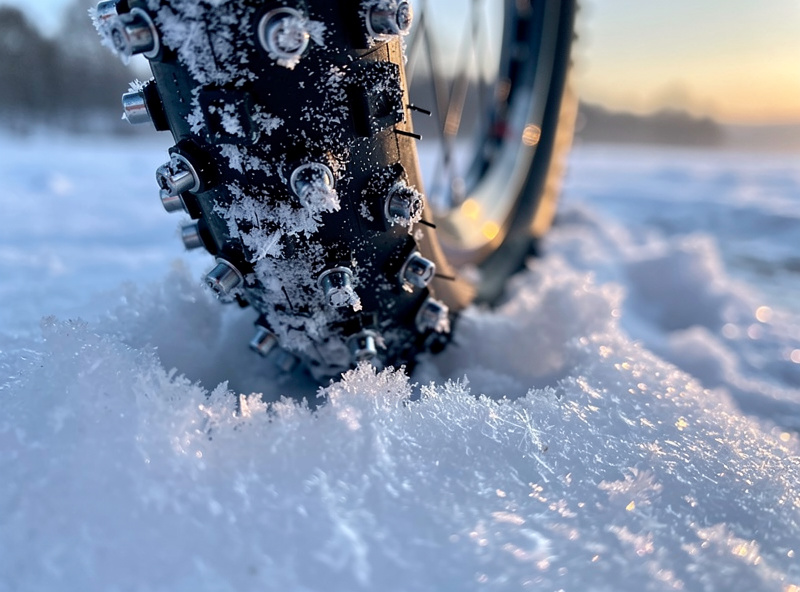 E-bike with studded winter tyres on a snowy Swedish commuter path at dawn