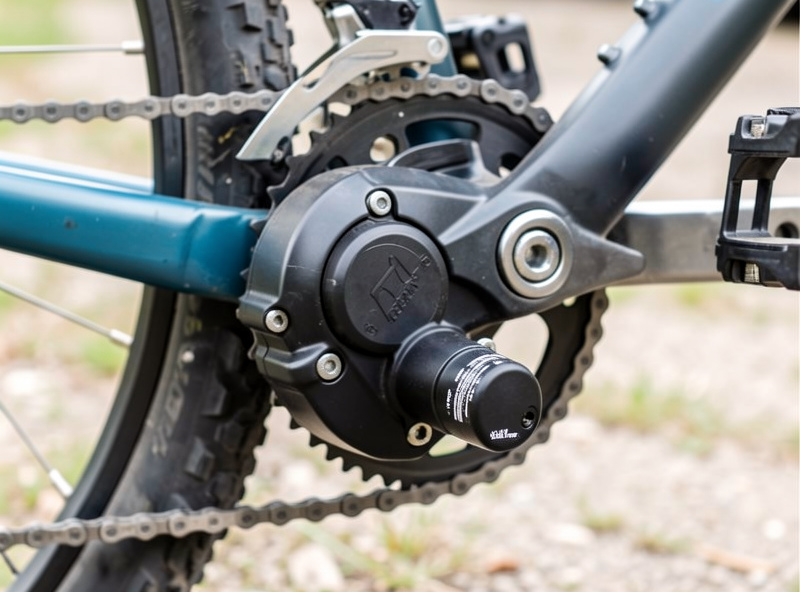 Close-up of a mid-drive conversion kit motor mounted at the bottom bracket with a torque arm visible