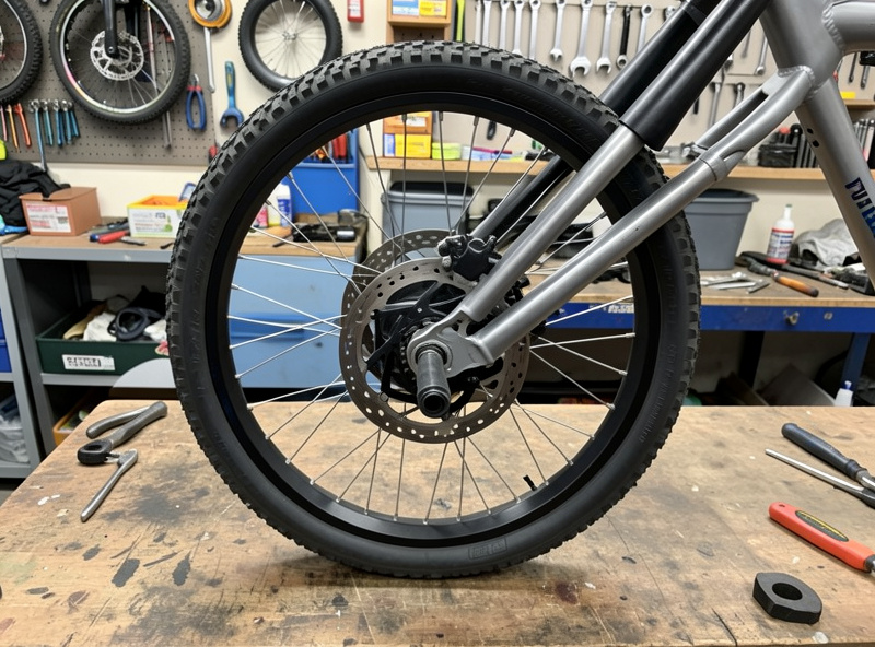 Rear hub motor conversion wheel installed on a donor bike with a torque arm at the dropout
