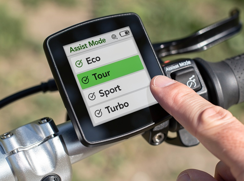E-bike handlebar display showing assist level selection during a logged ride
