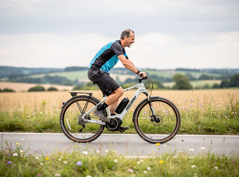 Rider pedalling a mid-drive e-bike at low assist on a flat road to save battery