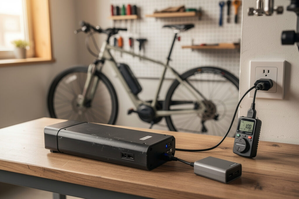 E-bike battery pack on a garage workbench beside a charger and watt-meter