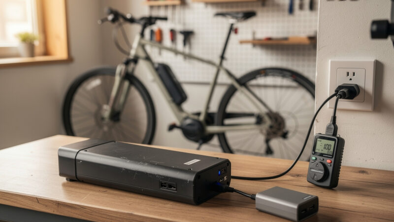 E-bike battery pack on a garage workbench beside a charger and watt-meter