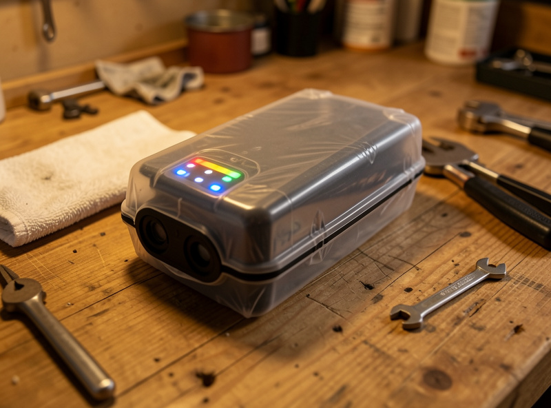 E-bike battery removed and resting on a garage workbench beside a charger and watt-meter
