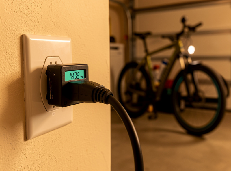 Watt-meter on the wall outlet logging the energy going into an e-bike charger