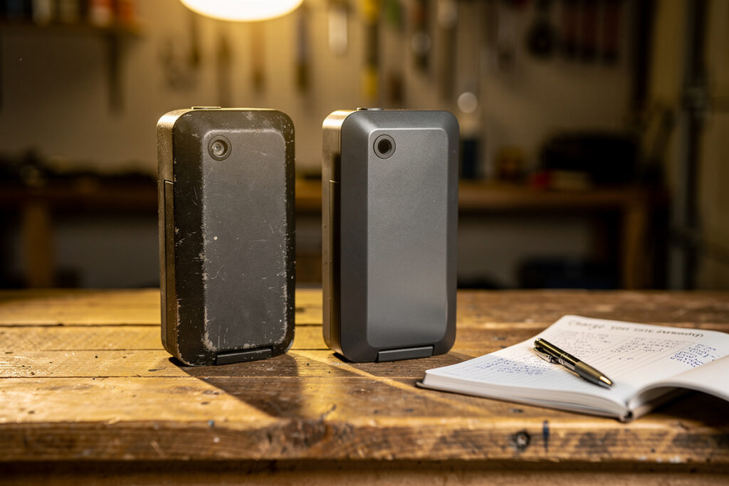 An older and a newer e-bike battery pack side by side on a workbench with charge logs