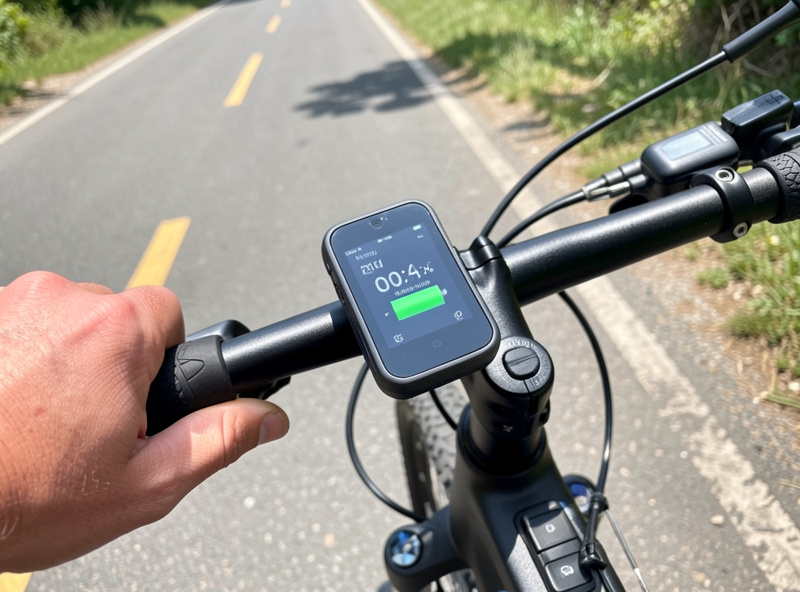 Rider checking the battery percentage on an e-bike display after a logged ride