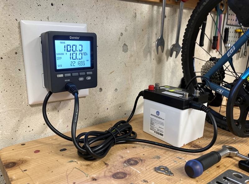 Watt-meter showing the energy accepted by an e-bike battery during a full charge