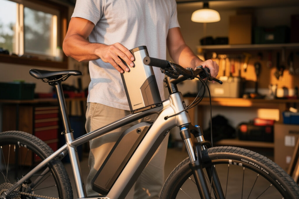 Removing an e-bike battery from its frame mount