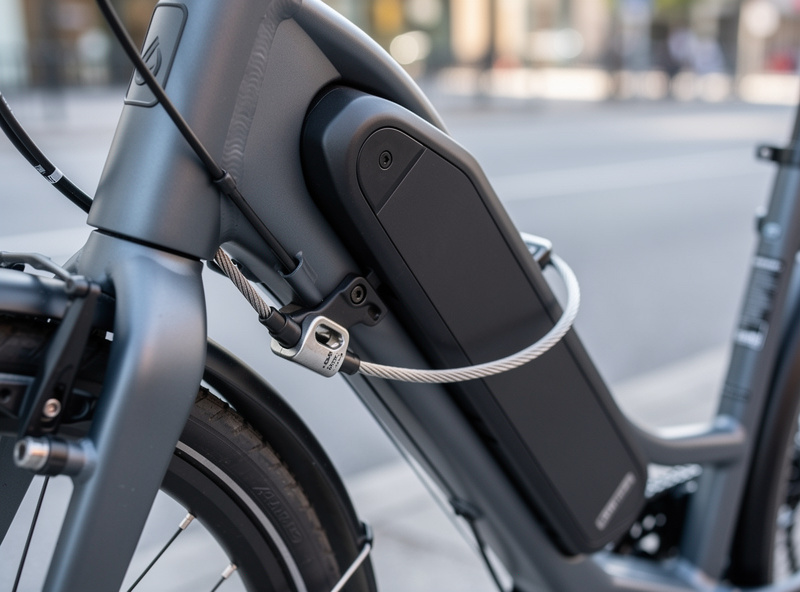 Battery-lock cable looping an e-bike battery to the frame as a theft deterrent