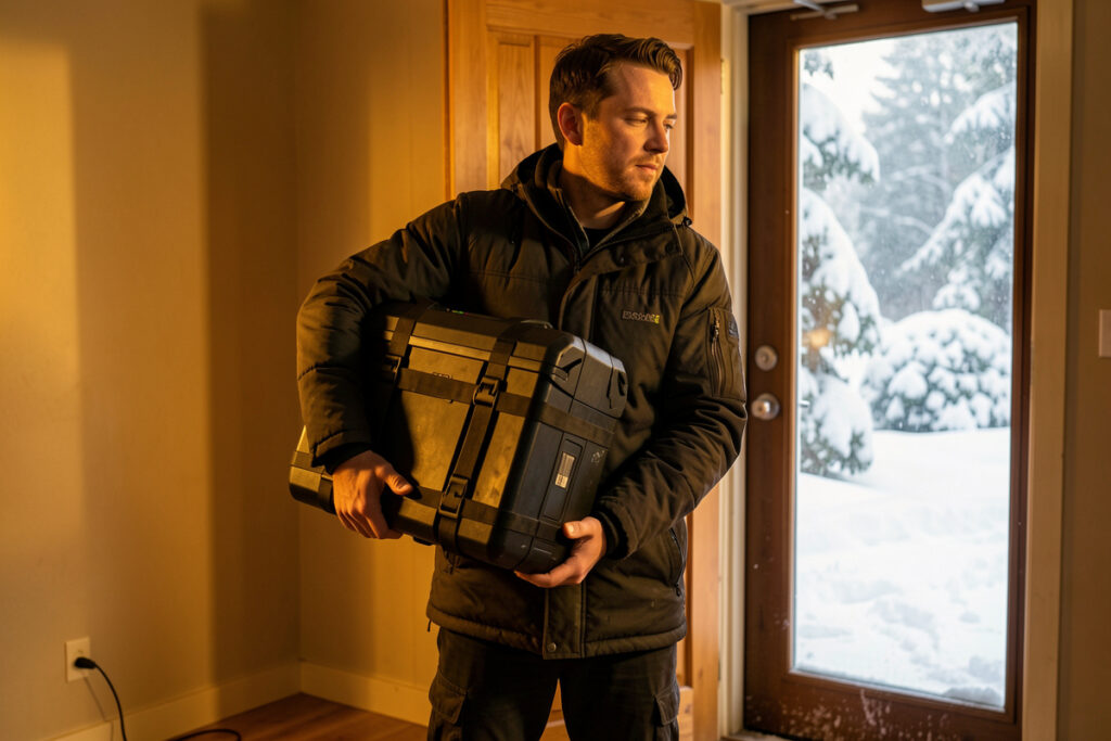 E-bike battery carried indoors from the cold in winter