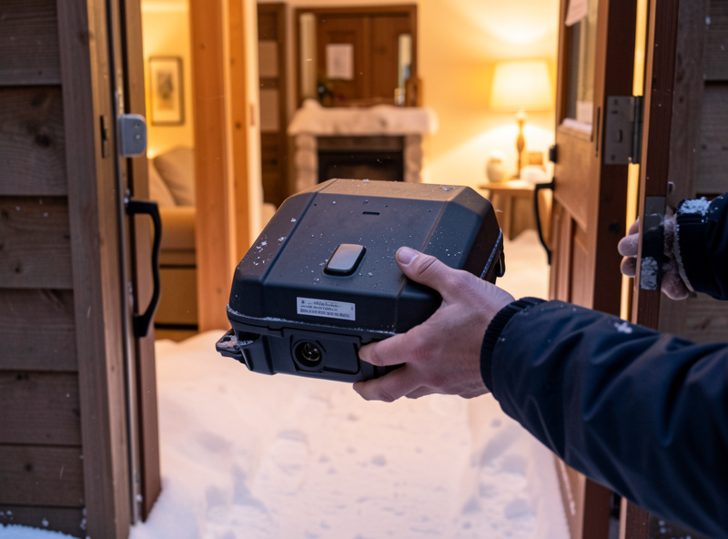 E-bike battery pack removed and carried indoors through a snowy doorway