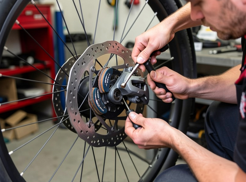 Fitting new disc brake pads into an e-bike caliper with the wheel removed